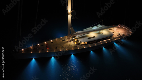 Aerial drone night shot of illuminated luxury yacht with wooden deck anchored in open ocean deep blue sea