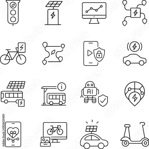 A collection of icons related to sustainable transportation and technology
