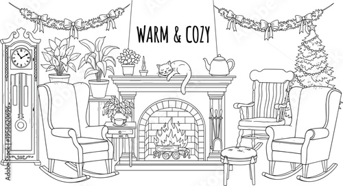 Warm and cozy living room with cat on fireplace mantel