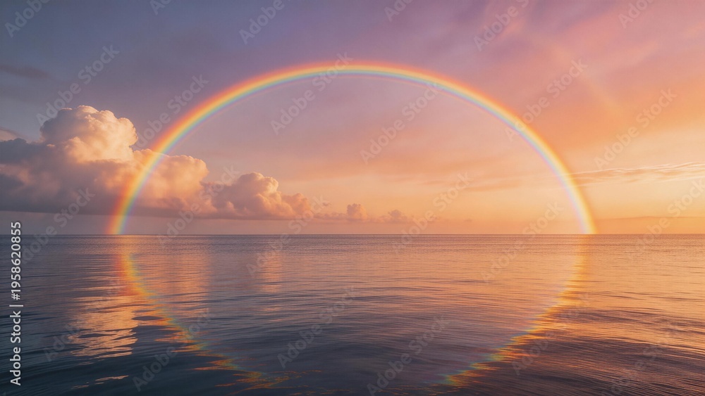 Fototapeta premium Rainbow over ocean at sunset