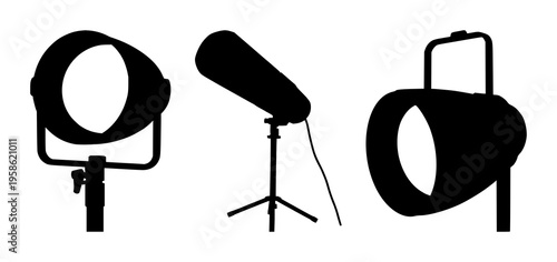 Solid black silhouette of a theatrical spotlight, film noir aesthetic, isolated on white background. set with simple line art design featuring outline, illustration, graphic elements with clean des...