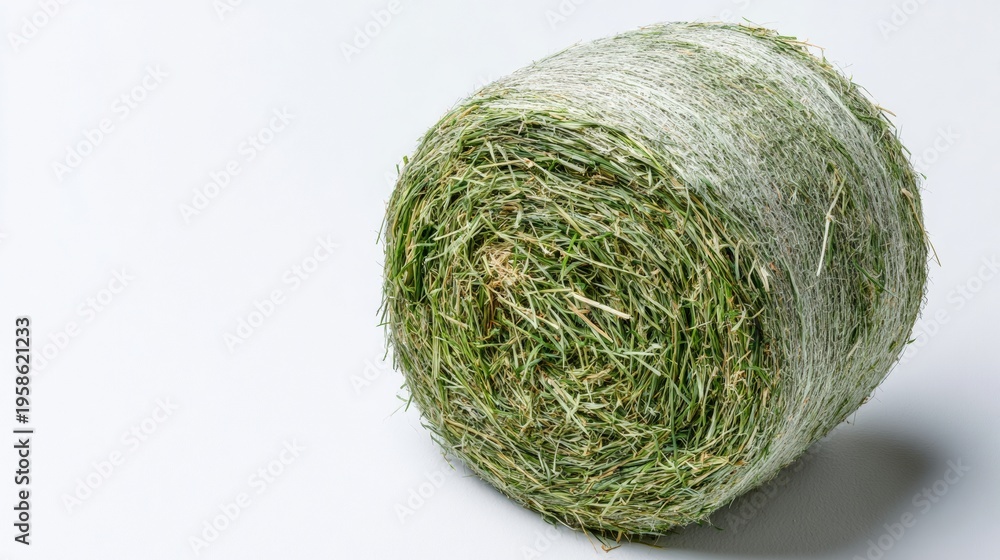 Fototapeta premium Large round hay bale wrapped in netting on white background