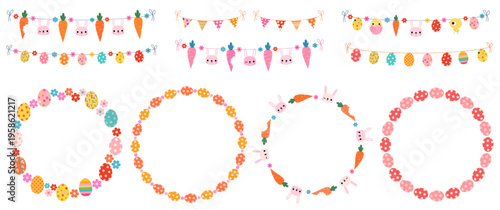 Cute Easter vector buntings and frames set with bunnies, painted eggs, chickens, flowers, spring flags for baby and kids spring designs