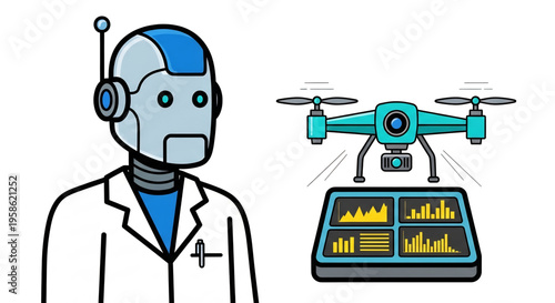 Robot scientist analyzing drone data and charts in a laboratory setting.
