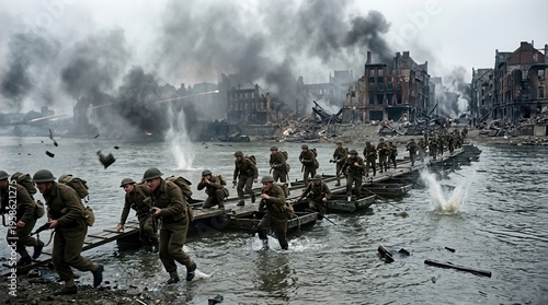 Soldiers crossing damaged pontoon bridge in shelled city river
