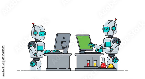 Robots working together at desks using computers in an office environment.