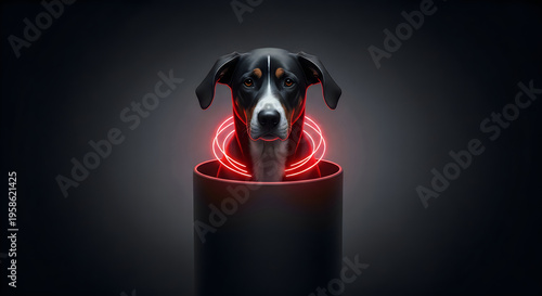 A dog's head emerging from a cylindrical object with red neon lights
