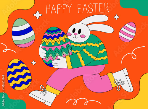 Happy Easter Cartoon Bunny With Decorated Egg