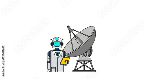 Robot operating a satellite dish for communication.