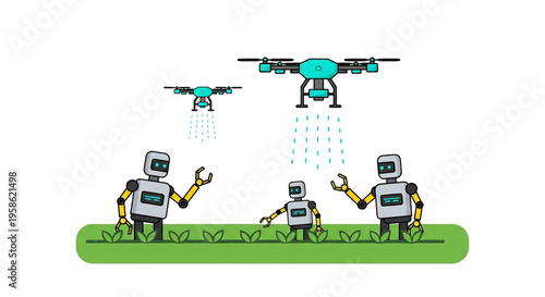 Robots using drones for agricultural monitoring.