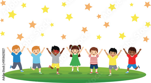 Happy Children Jumping Together Under Starry Sky with Friends Celebrating Joyful Moments in Nature Cartoon Kids Vector Illustration