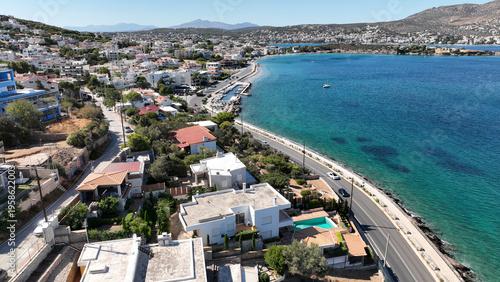 Aerial drone photo of bay of Porto Rafti famous Athenian summer destination, Attica, Mesogeia, Greece