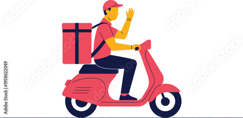 Delivery driver waves while riding a pink.