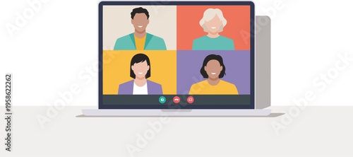 Laptop displays video conference call with.