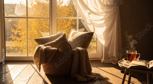 Cozy autumn morning with a cup of tea by the window