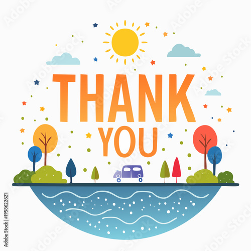 Whimsical Landscape with "Thank You" Text and Sunny Sky, Celebrating Gratitude and Appreciation