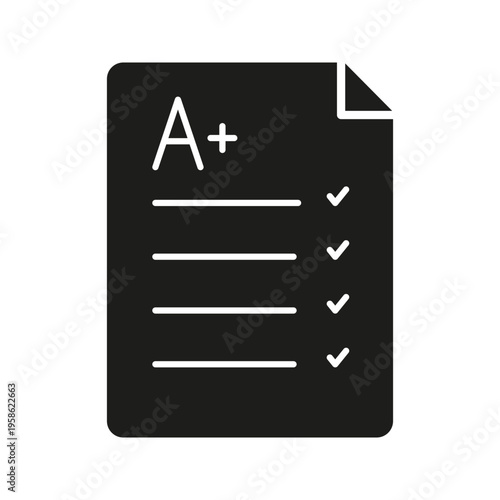 A Plus Grade Report Card Solid Icon. Academic Excellence, Achievement, And Success Evaluation Silhouette Symbol. Educational Performance Assessment. Isolated Vector Illustration