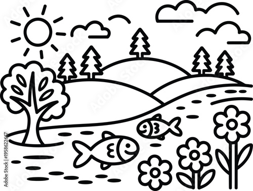 This cheerful monoline outline drawing portrays a vibrant nature landscape featuring sun, hills, trees, a river, fish, and flowers