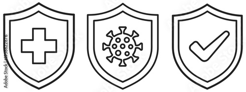 Outline Health Protection Icon Set, Shield Symbols for Medical Safety, Virus Prevention, and Security Concepts, Vector Illustration for Healthcare, Insurance, and Safety Design