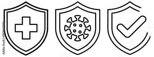 Outline Health Protection Icon Set, Shield Symbols for Medical Safety, Virus Prevention, and Security Concepts, Vector Illustration for Healthcare, Insurance, and Safety Design