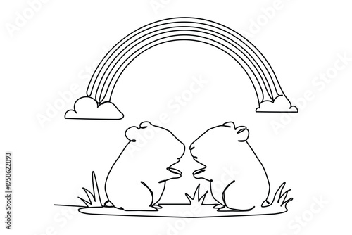 Single line draw of round, chubby hamster, its paw tucked into its belly,  Enjoying tiny slumber on rainbow bridge that arch over sea of soft, white cotton cloud in a warm sky .