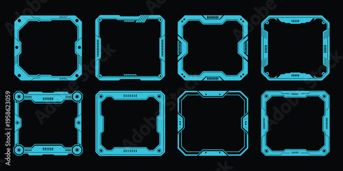 Futuristic blue HUD frame vector collection featuring cyber interface elements, dashboard layouts, hologram displays and sci fi technology graphics for UI, UX design, screens and digital templates