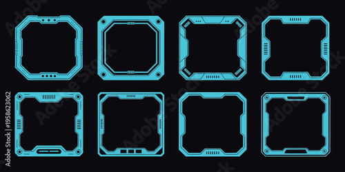 Blue futuristic borders frame vector with technology graphic elements, cyber interface HUD dashboard layout, hologram display, sci fi visual illustration for UI design, screens and digital templates