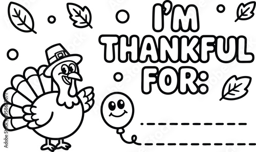 This cute cartoon turkey with a pilgrim hat asks kids to list their many blessings