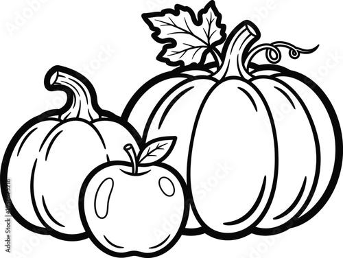 Black and white illustration of a pumpkin and an apple