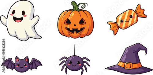 Cute Halloween Icon Set with Ghost, Pumpkin, Candy, Bat, Spider, and Witch Hat Cartoon Style Vector Illustration Collection