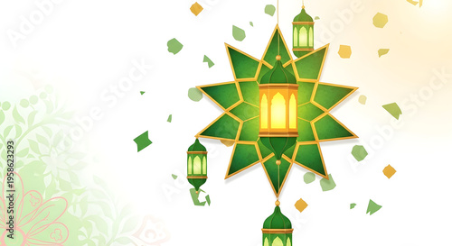 Eid mubarak lantern with green and gold decorations and confetti