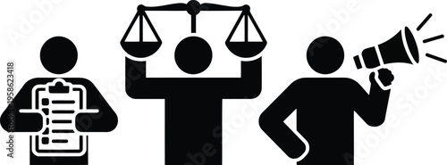 Three black silhouette figures represent legal process, communication, and task management on a white background