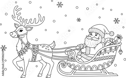 Santa claus riding in a sleigh pulled by a reindeer on a snowy night