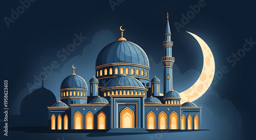 A serene mosque under the radiant crescent moon at dusk
