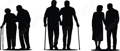 Three distinct pairs of senior citizens are depicted in silhouette, some utilizing walking sticks for support