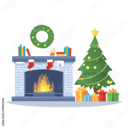 Christmas scene with fireplace decorated with tree and gifts