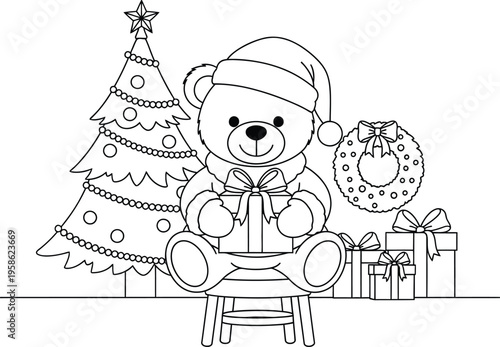 A cute teddy bear sitting on a stool with a christmas tree and gifts