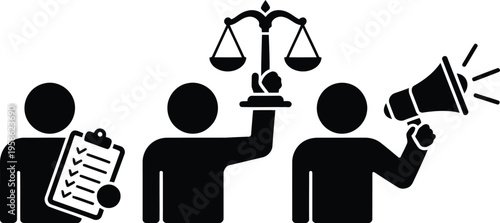 Three black silhouette people represent law, regulation, and communication on a clean white background