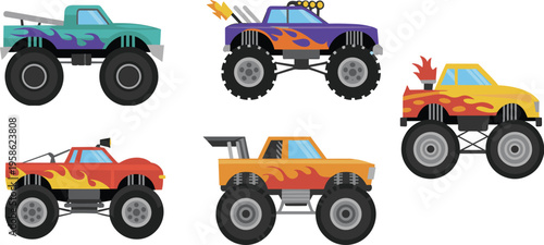 Cartoon monster truck collection vector illustration, colorful off road racing vehicles with flame decals and big tires isolated on white background