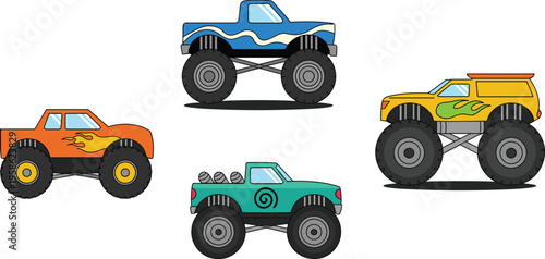 Cartoon monster trucks set vector illustration, colorful off road pickup vehicles with big tires and flame decals isolated on white background