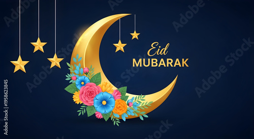 Eid mubarak wishes with golden crescent moon and floral decorations