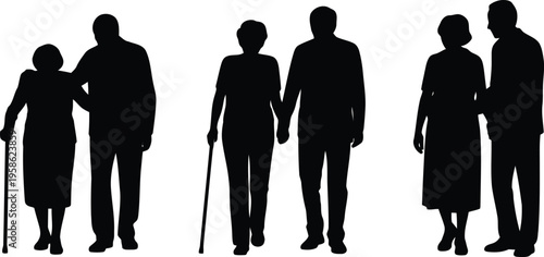 Three distinct pairs of senior citizens are depicted in silhouette, some walking with sticks and holding hands