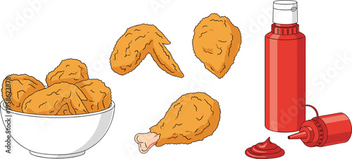 Fried Chicken Pieces with Ketchup Bottle and Sauce Food Illustration Set for Fast Food Menu and Restaurant Vector Illustration