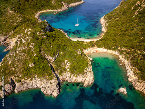 Aerial view of Porto Timoni double beach in Corfu, Greece, Europe - beautiful coastal landscape.