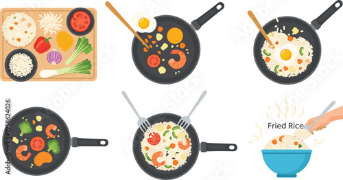 Fried Rice Cooking Process Illustration with Ingredients, Frying Pan Steps, and Serving Bowl Food Preparation Vector Illustration Set