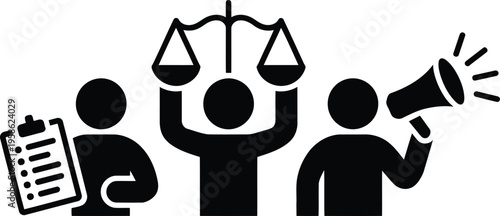 Three iconic figures representing legal rights, public speaking, and a detailed checklist