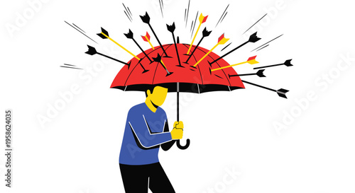 A cartoon man holding a red umbrella with multiple arrows piercing through it, symbolizing resilience and protection