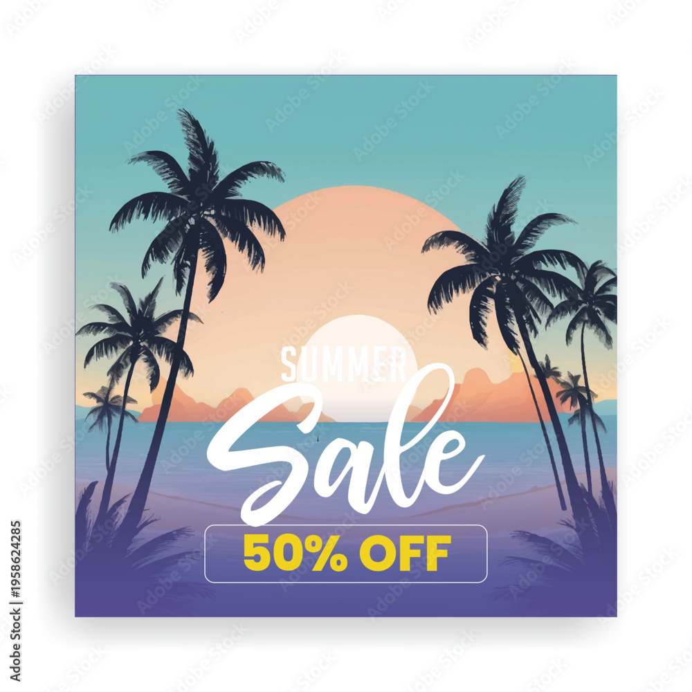 Fototapeta premium Summer background for Summer sale and beach party social media post, ads design Summer sale announcement with tropical palm trees and sunset over ocean with sale offer discount for social media ads