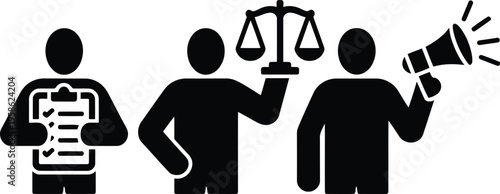 Three silhouette figures on white background symbolize justice, public address, and task completion