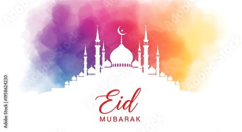Eid mubarak celebration with mosque silhouette and colorful background